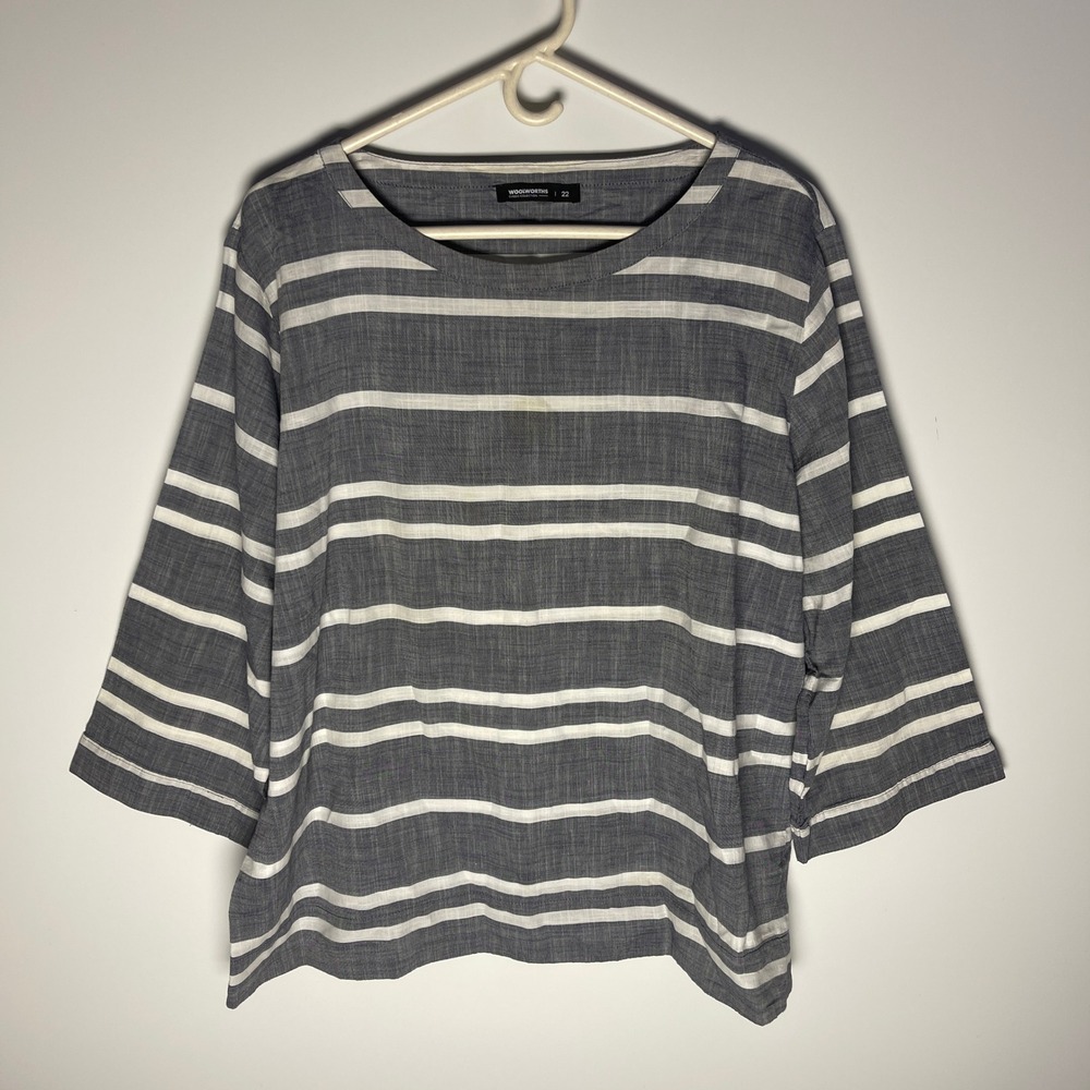 Woolworths Classic Collection Striped Boat Neck Blouse Grey White Size 22